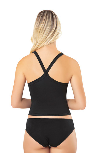 Selkar Global Women's Padded Diving Fabric Detailed Cross Back Black Crop 6-Piece Set - Black - Selkrkok-6S80A0-Si