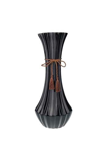velve Ceramic vase with ribbed appearance and realistic string, 50 cm, Black