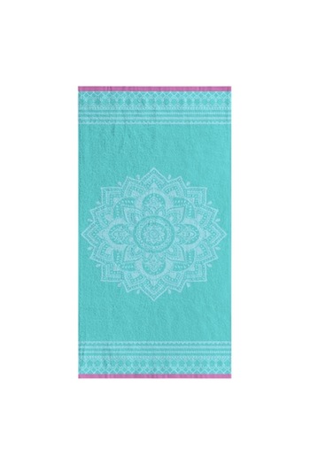 SHOPIENS Beach Towel Shopiens® Cotton, Turquoise with Mandala Pattern and Fuchsia Border, 75 x 150 cm