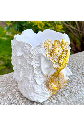 velve Venus Flower Woman Vase, White-Gold, 15 x 14 cm