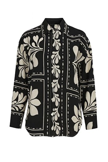Kübra Tekstil Women's Black Leaf Pattern Long Sleeve Button up Shirt – Stylish, Comfortable and Versatile – Women's Shirt
