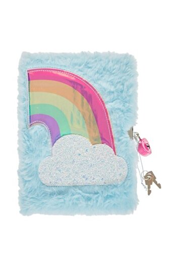 SHOPIENS Carnetel Notite A6 80 File Dictando Coperta Dura Fancy cu Blana Bleu Curcubeu Nor Glitter si Lacat I