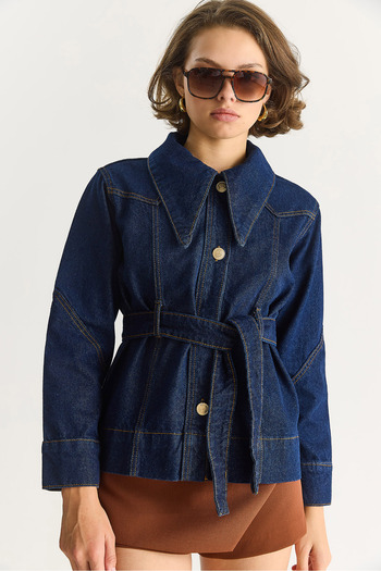 Bianco Lucci Women's Pointed Collar Belted Stitching Detail Denim Jacket 5253 60283533