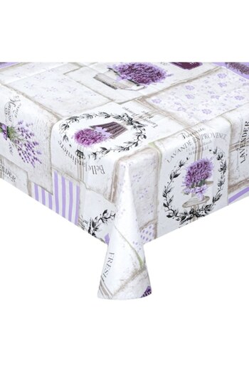 SHOPIENS ® Kitchen Tablecloth, Ecru with Large Plaid and Lavender Flowers, 180 x 140 cm