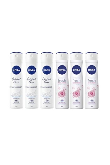 NIVEA Set 6 X Antiperspirant Woman Deo 150ml, 3 X Original Care, 3 X Fresh Rose Touch, 0% Alcohol, N