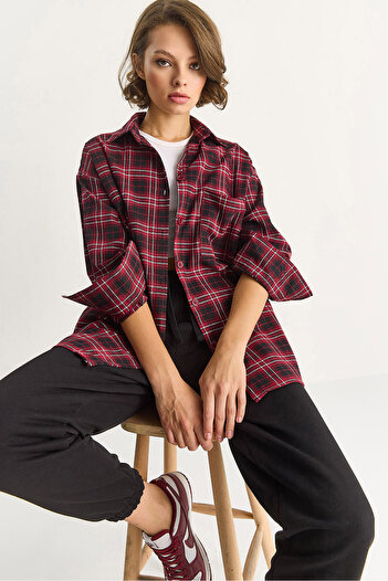 Bianco Lucci Women's Single Pocket Detailed Oversize Plaid Shirt 513 60283572