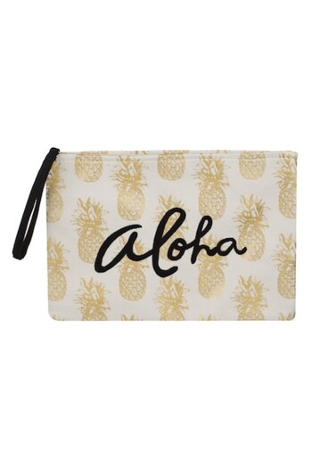 SHOPIENS Summer Cosmetic Bag - Ecru with Golden Pineapple Pattern and Black Embroidered Aloha