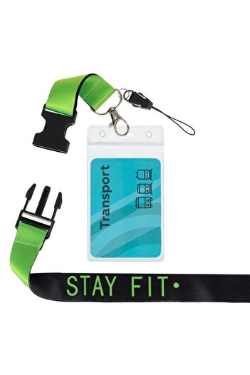 SHOPIENS Flexible Badge Holder 9x6 cm with Black/Lime Green Wide Lanyard 55 cm 'Stay Fit' and Detachable Clip