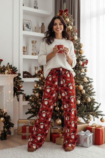 EYYE New Year's Themed Suede Fabric Wide-Leg Pants