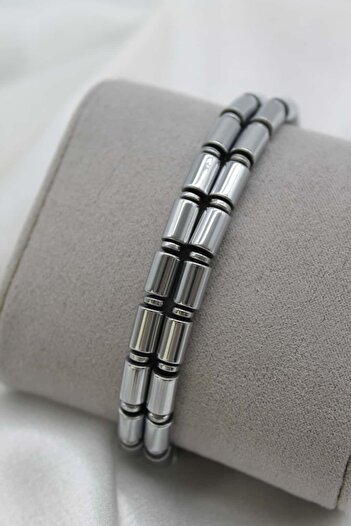 Nenya Steel Lock Double Look Tube Hematite Natural Stone Men's Bracelet