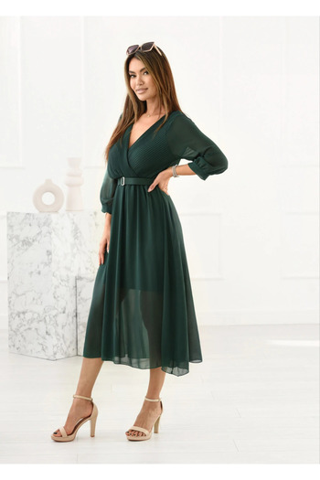 UniqueStore.ro Elegant green dress with wrap neckline and belt at the waist - One Size
