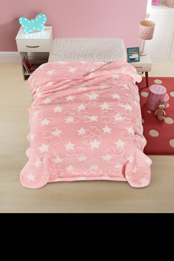 Blanket Pink Kids 140x110 cm – Soft Microfiber Bedding with Stars and Flower Embossed Pattern