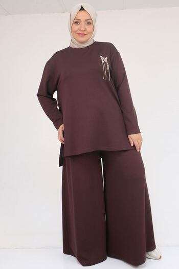 Eslina 57043 Plus Size Modal Pants Suit with Side Slits - Brown