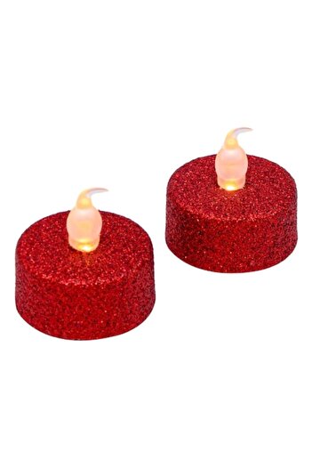 SHOPIENS Set 2 lumanari tip pastila LED Shopiens®, model Craciun Glitter Rosu cu Flacara Alba, 3.5 x 2 cm