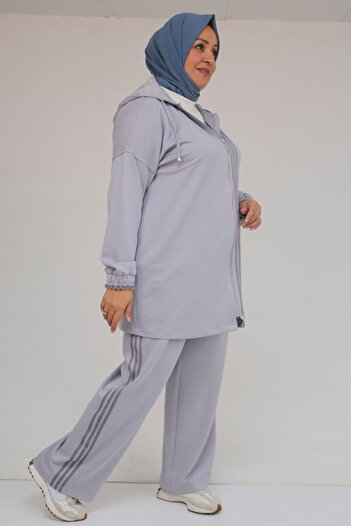 Eslina 57056 Plus Size Color Garnished Modal Trouser Suit - Gray