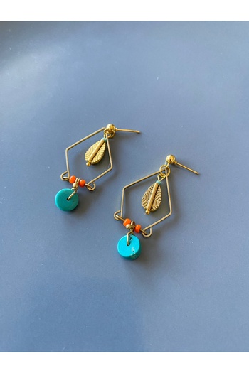 dela otantik Turquoise & Orange Dangle Authentic Earrings – Handmade Gold Color Bohemian Geometric Bijouterie Jewelry