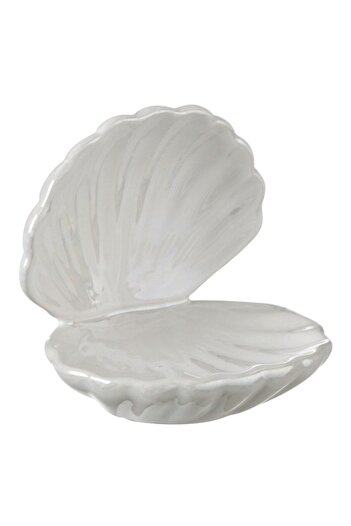 SHOPIENS - Jewelry Organizer Box in Open Shell Shape, Ceramic, White Iridescent