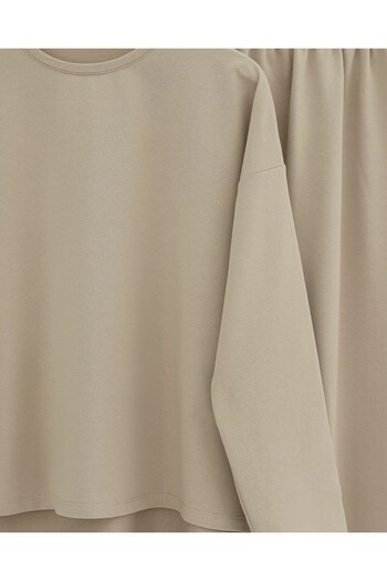Modamorfo Two-Strand Combed Cotton Suit with Long Slit Skirt on the Back - Beige
