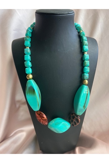 COCOSH TAKI Turquoise Color Stone Brown Detailed Special Design Multi Necklace