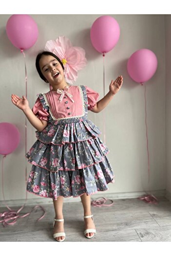 Sare Çocuk Giyim Pembe Gri Çiçekli Kız Çocuk Vintage Eteği Katlı Natural Ham Pamuk Doğum Günü Cosplay Elbise + Toka