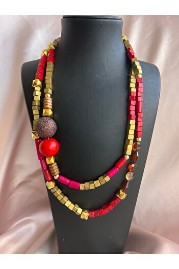 COCOSH TAKI Red Color Multi Long Design Necklace with Gold Color Details