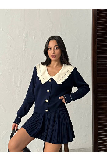 Lusin Women's Navy Blue Stylish Collar Detailed Cardigan Blouse Skirt Bottom Top Two-Piece Set (New Color)