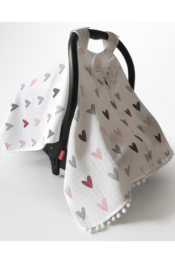 nelcollection Muslin Stroller Cover and Baby Carrier Cushion, with Bib Gift, 100% Cotton, Heart Pattern