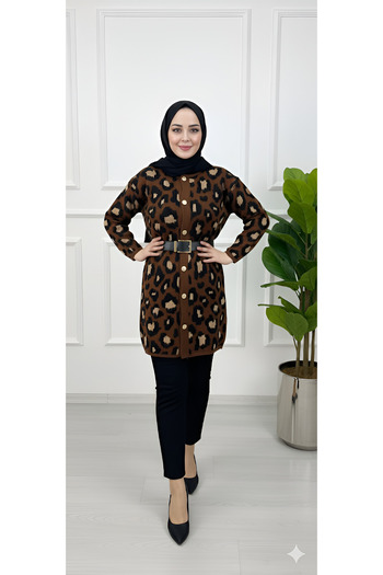 ASEZ BUTİK Niche Women's Leopard Print Long Knitwear Cardigan