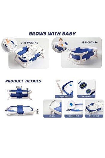Un Foldable Baby Bath Tub with Mat and Temperature Sensing Thermometer