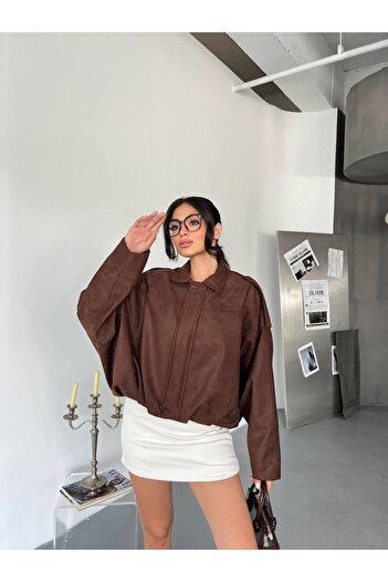 Julidress Brown Epaulet Pleated Button Detailed Lined Suede Coat Jacket