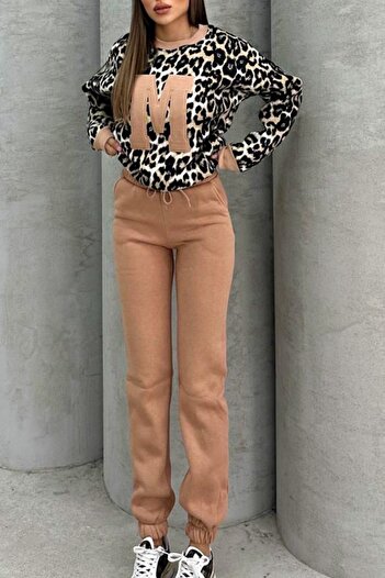 FashionForYou By Muse padded set, with animal print blouse and drawstring pants, Cream, XL