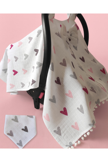 nelcollection Muslin Stroller Cover and Baby Carrier Cushion, with Bib Gift, 100% Cotton, Heart Pattern