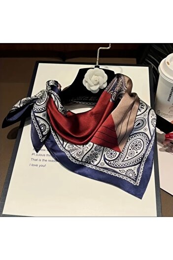 Accessories Hei Navy Blue Burgundy Patterned Stylish Silk Look Square Scarf Foulard Women's Accessory