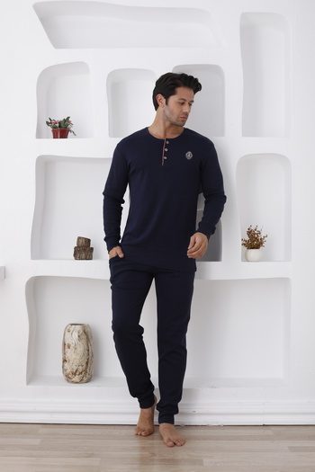 Lohussa Men's Navy Blue Long Sleeve Thick Winter Buttoned Pocketed Cuffed Paca 100% Cotton Pajama Set