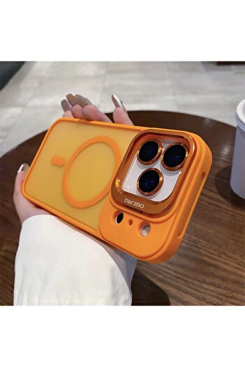 EDELFU Premium iPhone 17 Pro Max Orange (with Camera Lens Gift) Silicone Metal Frame Protective Case with Stand