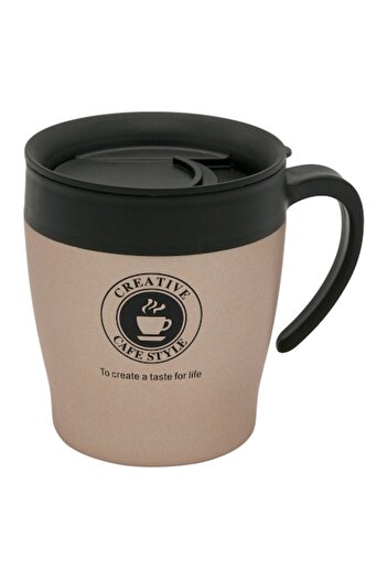 SHOPIENS Golden metal mug with black logo, handle and plastic lid with pour spout, 350 ml
