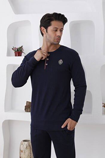 Lohussa Men's Navy Blue Long Sleeve Thick Winter Buttoned Pocketed Cuffed Paca 100% Cotton Pajama Set