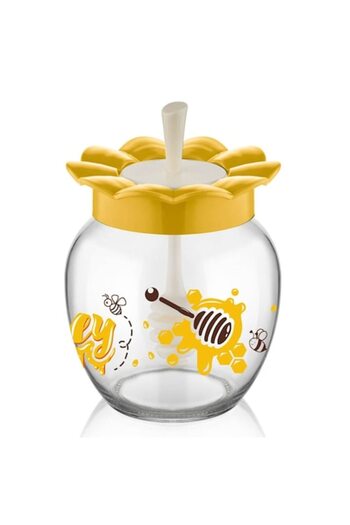 SHOPIENS Glass Honey Jar Shopiens®, with Plastic Lid with Flowers and Spoon Attached to Lid, 370 ml