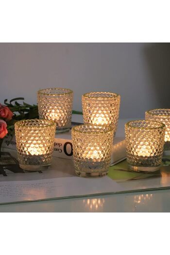 OEM Set 12 pahare suport pentru lumanari decorative, din sticla, transparente, cu gura aurie