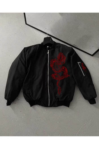Butik Full Zippered Long Sleeve Printed Bomber Jacket - Black