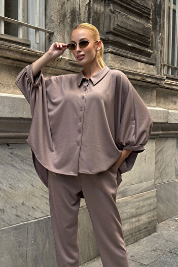 bacc Mink Asymmetric Cut Shirt and Double Leg Pants Soft Textured Modal Bottom Top Set Bcvl-25V216