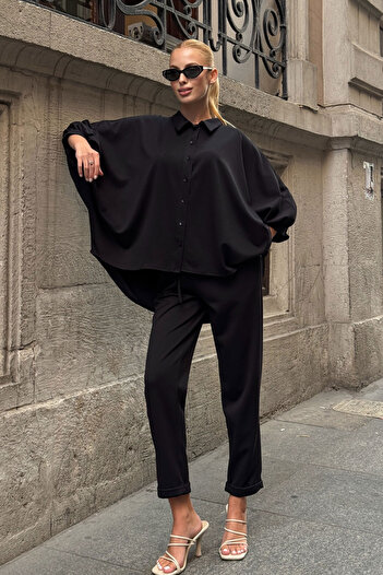 bacc Black Asymmetric Cut Shirt and Double Leg Pants Soft Textured Modal Bottom Top Set Bcvl-25V216