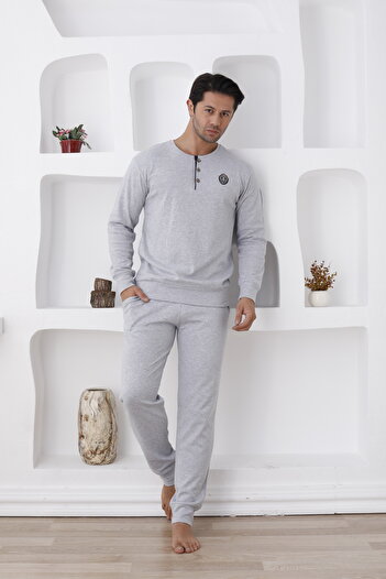 Lohussa Men's Gray Long Sleeve Thick Winter Buttoned Pocket Cuffed Paca 100% Cotton Pajama Set