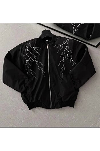 Silerra    Lightning Printed Long Sleeve Bomber Jacket - Black
