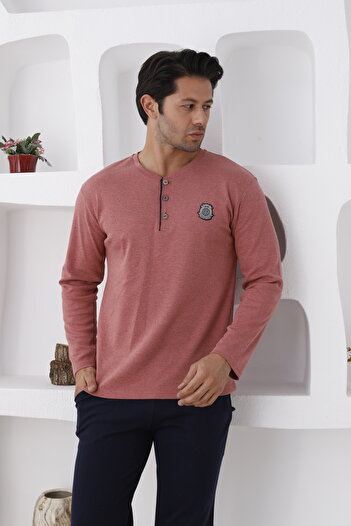 Lohussa Men's Long Sleeve Thick Winter Buttoned Pocketed Paca 100% Cotton Pajama Set
