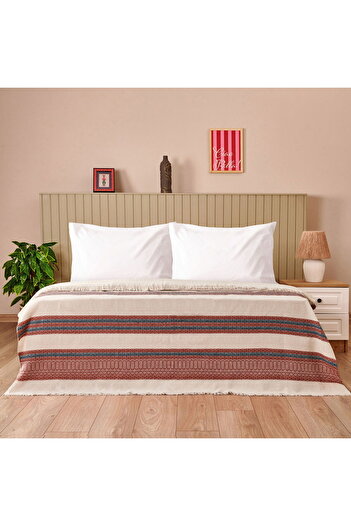 MATMEL Soft Maroon Double Bedspread - Ecru / Red - 200X230 cm