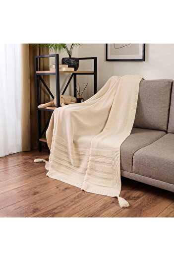 ASPARTAM Soft Tasseled Knitwear Sofa Shawl - Ecru - 120X160 cm