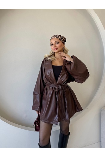 Nsade Ensade Balloon Sleeve Belted Leather Stylish Jacket
