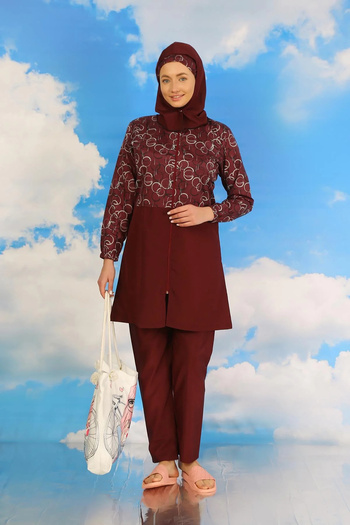 emosavm Fashion Women's Patterned Full Hijab Swimsuit with Pants Burgundy