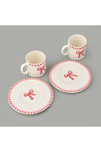 MATMEL Kitchen Ribbon 2-Piece Porcelain Coffee Cup Set - Pink / White - 110 ml